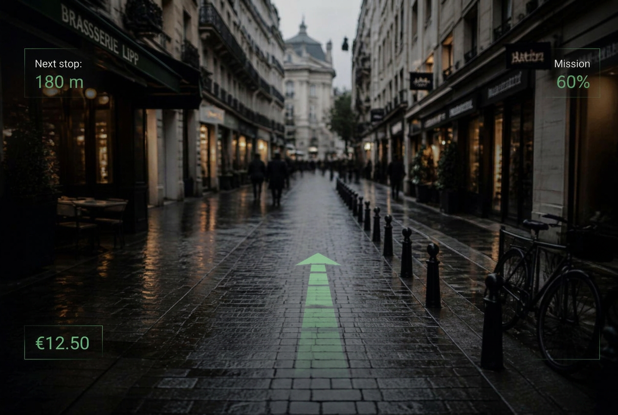 First-person POV through smart glasses showing minimal HUD
