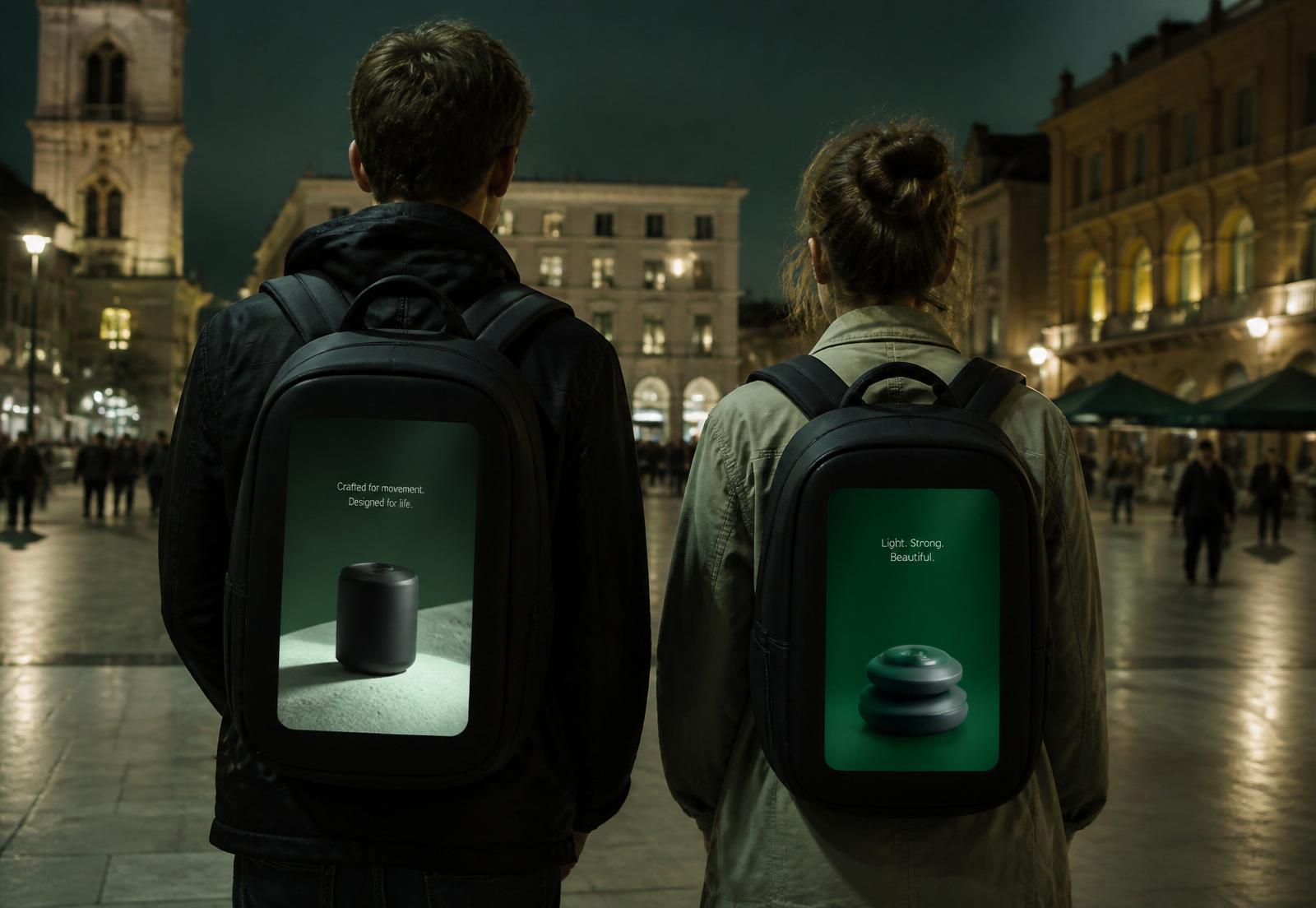 Students with LED display backpacks in a European city square